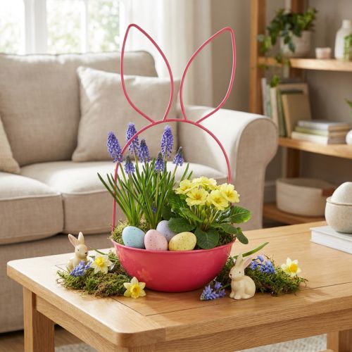 Vaso de Páscoa decorativo em forma de coelho, cesto de metal para uso interno/externo, 33 cm | Floristik24.pt