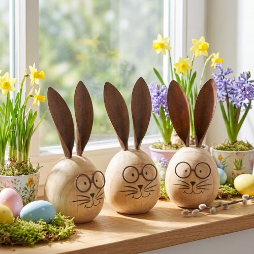 Coelho decorativo em formato de ovo, com personalidade, para decoração de primavera e outras estações do ano, 14 cm, conjunto de 3 peças. | Floristik24.pt