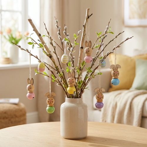 Itens Pingentes de madeira em forma de coelho da Páscoa para decoração de árvores de primavera e Páscoa, 4 cm, 12 peças.
