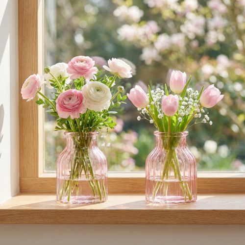 Vaso de vidro para flores, estilo retrô, com tonalidade rosa, Ø11cm, A14,5cm, conjunto com 2 peças. | Floristik24.pt