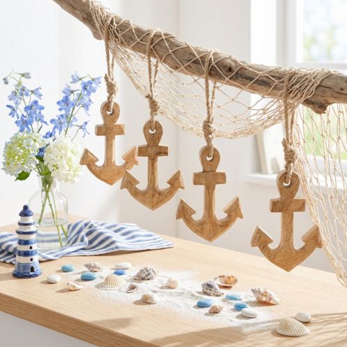 Itens Cabide de decoração de madeira com âncora em natural 7cmx10cm 6 peças