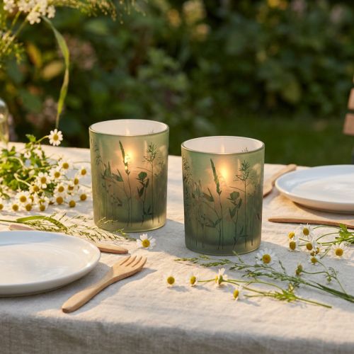 Itens Lanterna de vidro decorativa verde branco motivo prado Alt.12,5cm 2 peças