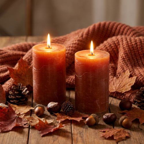 Velas Pilar Laranja Escuro Sunset 85x120mm, 2 Unidades, Tingidas por Inteiro, Decoração e Ambiente Aconchegante | Floristik24.pt