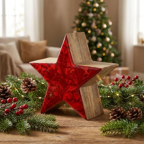 Estrela decorativa estrela de madeira decoração natural vermelha feita de madeira de manga Ø20cm | Floristik24.pt