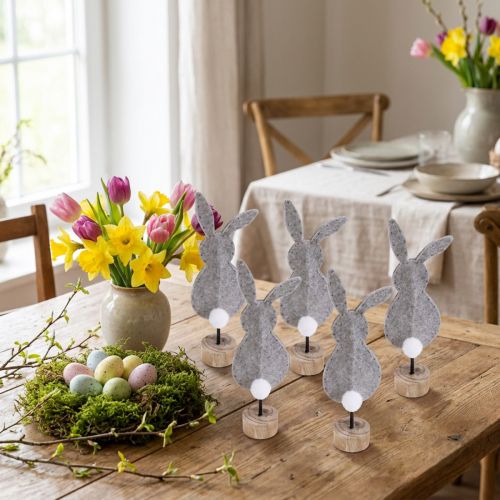 Suporte de decoração de mesa coelhinho da Páscoa decoração feltro cinza 19cm 12 unidades | Floristik24.pt