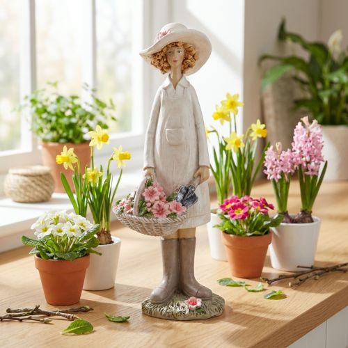 Estatuetas decorativas de jardineira e mulher com flores, em branco e rosa, 21 cm de altura. | Floristik24.pt
