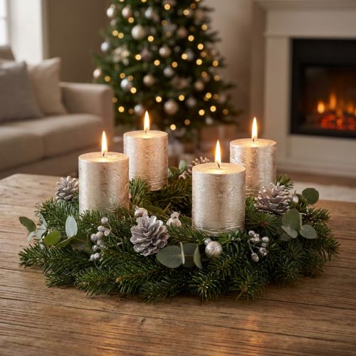 Conjunto de 4 velas cilíndricas na cor platina, 70x80mm, longa duração, velas decorativas de alta qualidade. | Floristik24.pt