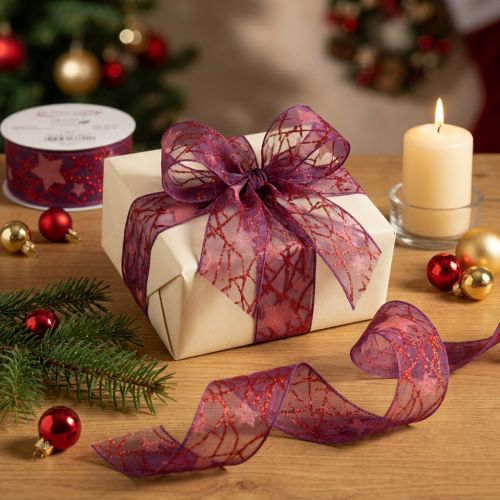 Itens Fita decorativa brilhante com estampa de estrelas para decoração de Natal, 40 mm x 15 m