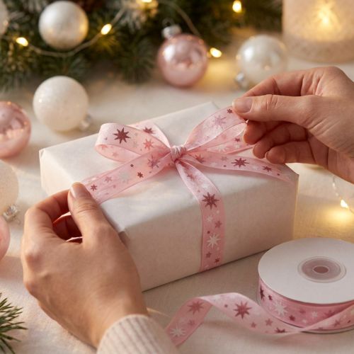 Fita de presente de Natal com padrão de estrela rosa 15mm 20m | Floristik24.pt