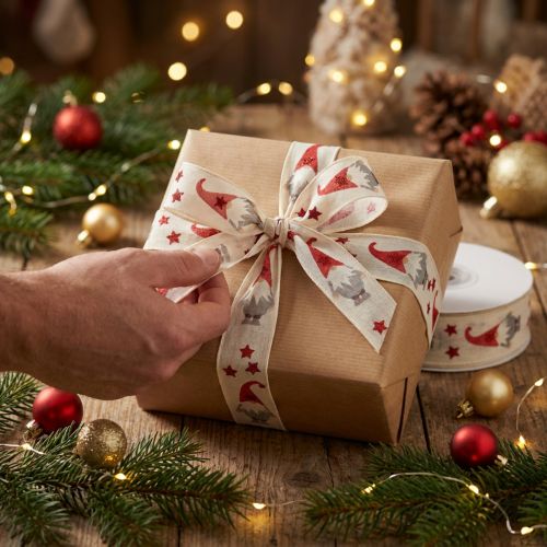 Fita para presente Fita de Natal gnomo creme 25mm 20m | Floristik24.pt