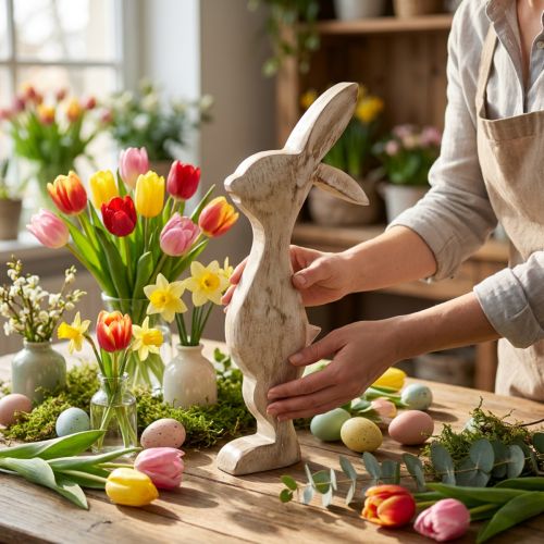 Coelhinho de Madeira Decoração Primavera Páscoa Coelhinho Decorativo Altura 25cm | Floristik24.pt