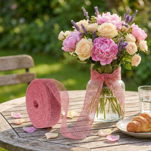 Fita de juta rosa, 5 cm de largura, 40 m de comprimento. | Floristik24.pt