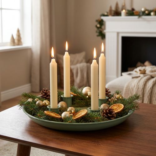 Itens Prato para vela Coroa do Advento verde com quatro suportes para velas de 24 cm