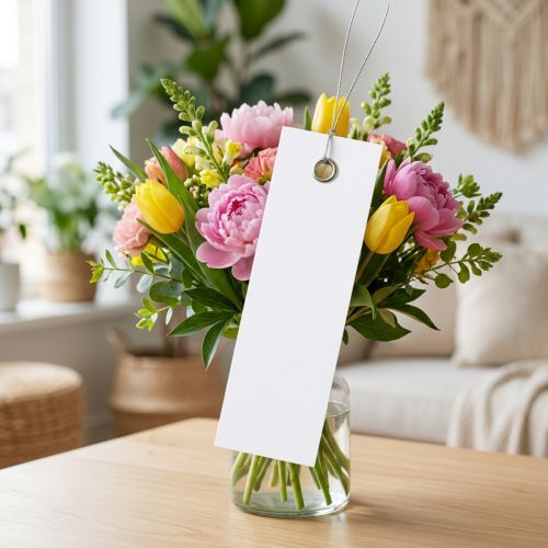 Etiquetas brancas para pendurar, 18x60mm, com fio de metal, resistentes às intempéries, ideais para arranjos florais e identificação de presentes, pacote com 250 unidades. | Floristik24.pt