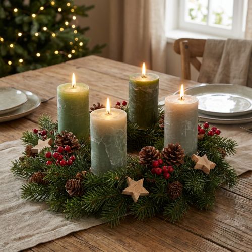 Conjunto de velas de pilar, 3 cores, verde, velas de cor sólida, decoração de mesa, 70x120mm, 12 peças | Floristik24.pt