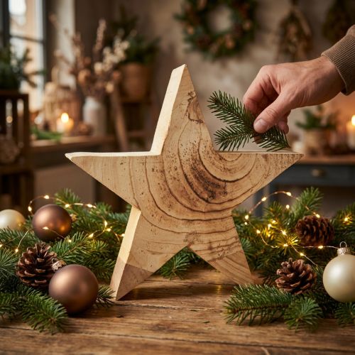 Estrela de madeira Estrela de madeira para ficar em pé Paulownia natural 30cm | Floristik24.pt