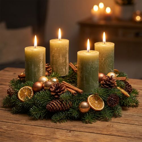 Velas de pilar de cor sólida, verde-oliva, 70×120mm - Longa duração de 53h, conjunto de 4, com efeito marmorizado para decoração e para o Advento. | Floristik24.pt