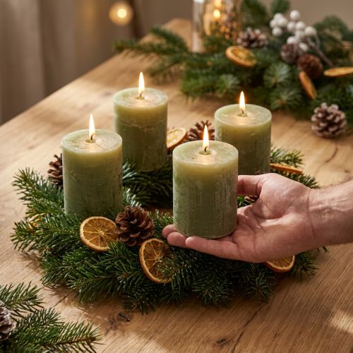 Conjunto de 4 velas decorativas rústicas em tom verde-oliva sólido, 70x80mm, velas de cera. | Floristik24.pt