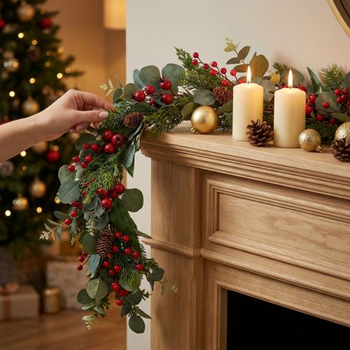 Guirlanda de Natal, ramos de pinheiro, eucalipto, coníferas, frutos silvestres, 160 cm | Floristik24.pt