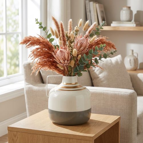 Encantador vaso decorativo de metal com alça, estilo vintage, creme/cinza/dourado, Ø16cm, A17cm, para flores secas e plantas artificiais. | Floristik24.pt