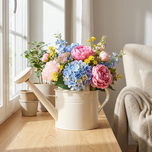 Regador vintage de metal, branco creme, decorativo e funcional, ideal para plantas secas e artificiais, para uso interno, 26 cm de altura, 5 litros. | Floristik24.pt