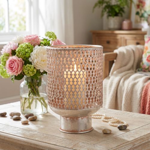 Lanterna castiçal metal vidro prata rosa Ø18cm A27cm | Floristik24.pt