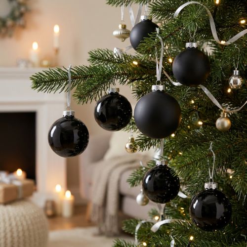 Bolas de árvore de Natal, pingentes de árvore, bolas de vidro pretas Alt.6,5cm Ø6cm vidro real 24 unidades | Floristik24.pt