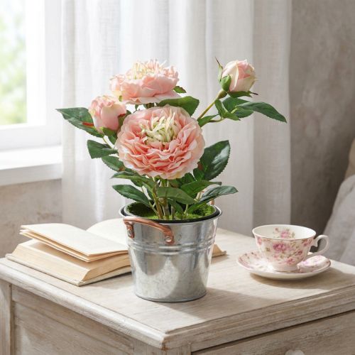 Rosa decorativa em vaso, flores de seda românticas, peônia rosa | Floristik24.pt