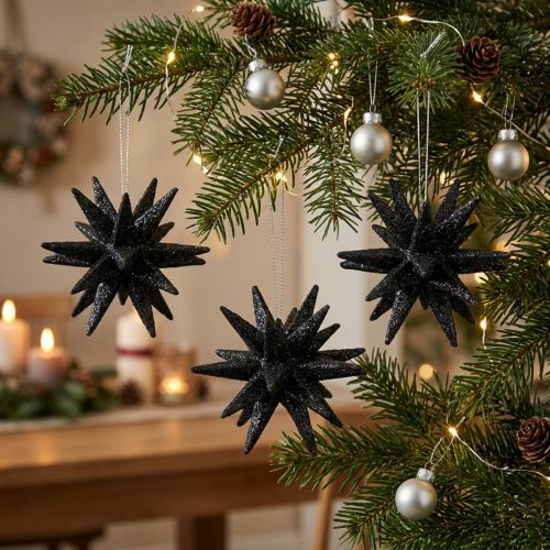 Estrelas de decoração de Natal para pendurar pretas Ø7,5cm 8 peças | Floristik24.pt