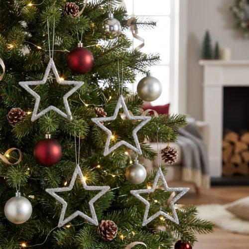 Pingente de estrela de decoração de natal glitter prateado 7,5cm 40p | Floristik24.pt