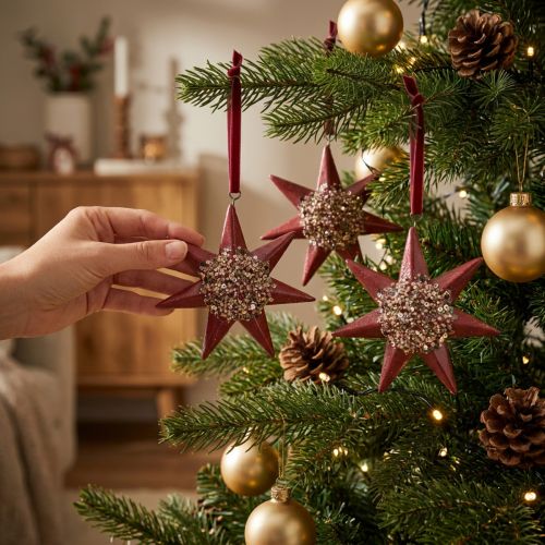 Estrela de decoração pendente de Natal para pendurar Bordeaux 4 unidades | Floristik24.pt