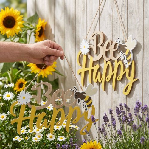 Itens Placa decorativa abelha “Bee Happy” madeira de decoração de verão 31×18cm 2 unidades