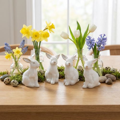Decoração de Páscoa de coelho de cerâmica, coelho de Páscoa branco dourado, altura 7,5 cm, 4 peças | Floristik24.pt