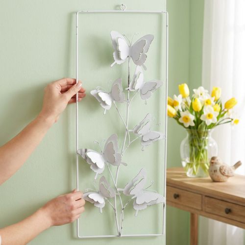Borboleta Arte Pendurada Primavera Metal Arte de Parede Chique Desgastado Branco Prata H47,5cm | Floristik24.pt