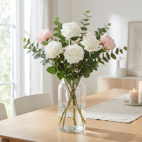 Rosa Branca Falsa Rosa em Caule Flor de Seda Falsa Rosa L72cm Ø13cm | Floristik24.pt