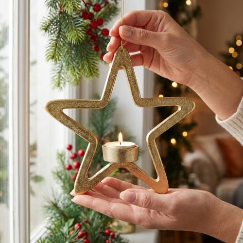 Porta-velas decorativa estrela para pendurar metal dourado 20cm | Floristik24.pt