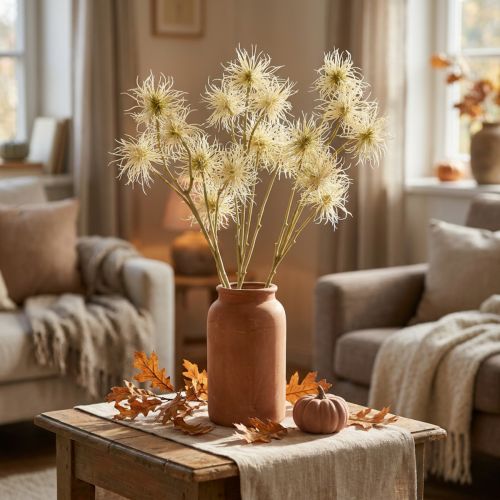 Xanthium flor artificial creme decoração de outono 6 flores 80 cm 3 unidades | Floristik24.pt