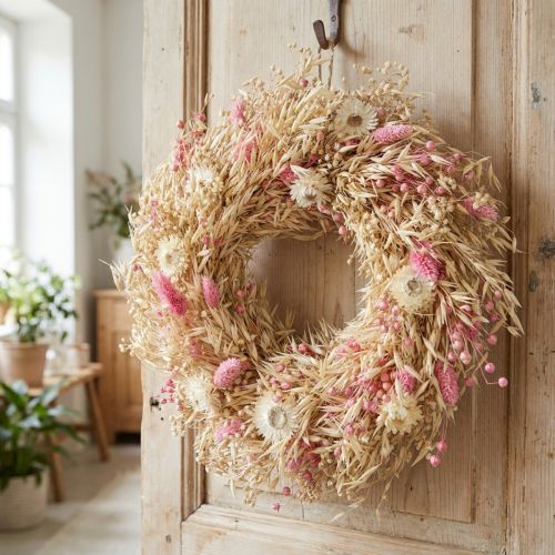 Guirlanda decorativa, guirlanda de aveia, guirlanda natural, flores de palha, rosa, Ø29cm | Floristik24.pt