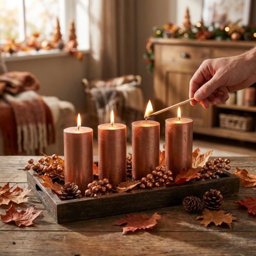 Conjunto de 4 velas cilíndricas decorativas em cor sólida, acabamento metálico cobre, 50×100mm | Floristik24.pt
