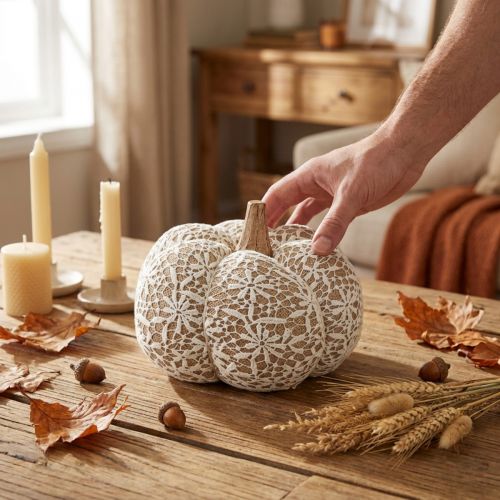 Decoração de abóbora em tecido, renda de juta, estilo vintage branco/bege, Ø18cm | Floristik24.pt
