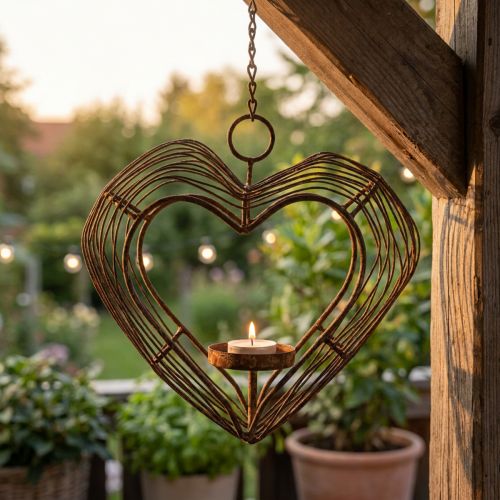 Suporte de luz de chá decoração pendurada de metal decoração de ferrugem coração 22×7×20cm | Floristik24.pt