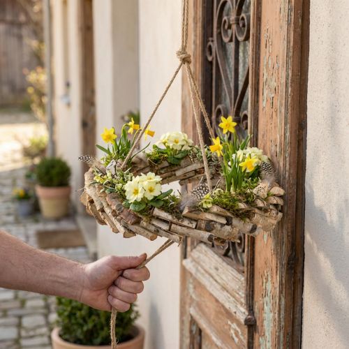 Guirlanda de madeira para pendurar com gancho, feita de madeira de bétula Ø35cm - Decoração natural para primavera, macramê, flores e ervas. | Floristik24.pt