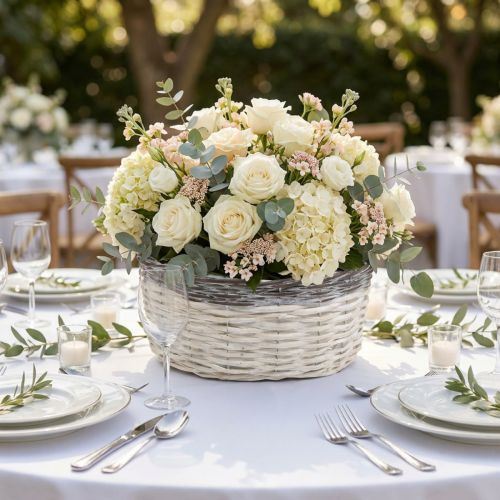 Cesto decorativo redondo, branco e marrom, Ø29cm, vaso de vime, presente, decoração de casamento | Floristik24.pt