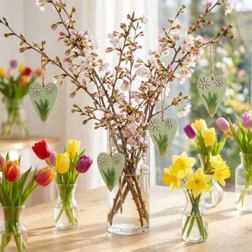 Corações decorativos para pendurar com flores madeira verde, branco 8,5×12cm 4 un | Floristik24.pt