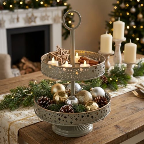 Itens Bandeja decorativa de dois andares com alça, motivo de estrela, 49 cm