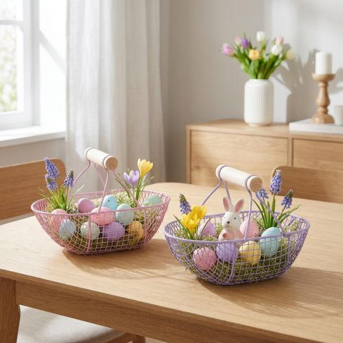 Cesto de arame com alça de madeira, ideal para uma decoração moderna e elegante, 17 cm, conjunto de 6 peças. | Floristik24.pt