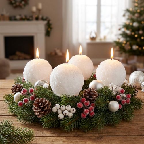 Velas do Advento, design de bola de neve, velas brancas em formato de bola de Ø80mm, conjunto de 4, decoração de Natal, magia de inverno | Floristik24.pt