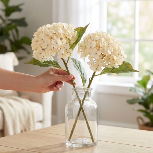 Hortênsias decorativas flores artificiais de seda creme 34cm 2 unidades | Floristik24.pt