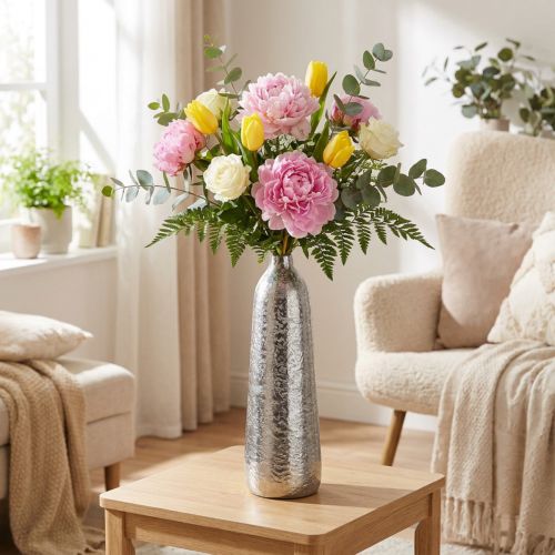 Vaso decorativo vaso de flores martelado em metal prata Ø9,5cm Alt.32cm | Floristik24.pt