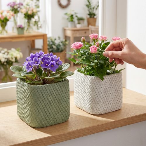 Plantador de cerâmica branco verde relevo malha 12,5x12,5cm H9cm 2pcs | Floristik24.pt
